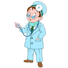 Fototapeta premium cute and friendly cartoon man doctor (physician, otolaryngologist) with glasses and medical mask smiling while examining using his stethoscope, isolated on a white background