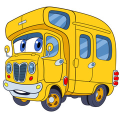 cute and funny childish cartoon school bus, stylized to human face for kids, isolated on a white background