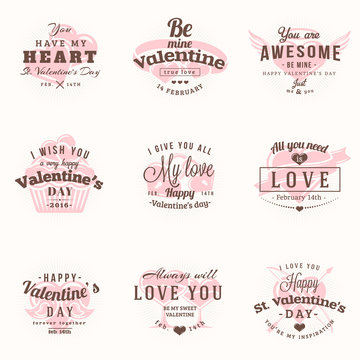 Set Of Happy Valentines Day Labels and Badges. Retro Typography Vector Design Templates. Vector Illustration. Valentines Day Greeting Cards. Valentines Day Vintage Typographic Badges