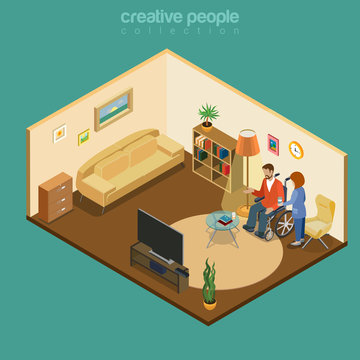 Disabled Handicapped Cripple Invalid Home Flat Isometric Vector