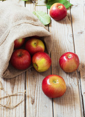 Ripe red apples in a bag on wooden background