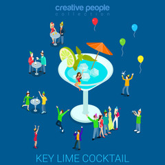 Key lime vermouth cocktail party glass flat 3d isometric vector - obrazy, fototapety, plakaty