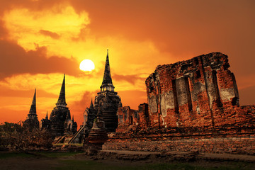 Wat Phrasisanpetch temple at sunset in Ayutthaya Historical Park