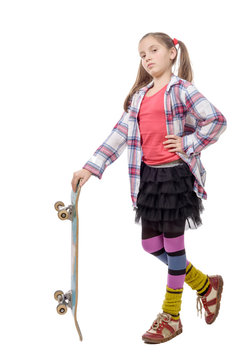  fashion pretty little girl with skateboard, isolated on white