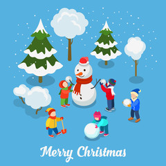 Christmas New Year card snowman children flat isometric vector