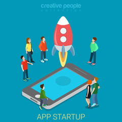 App startup mobile launching process flat 3d isometric vector