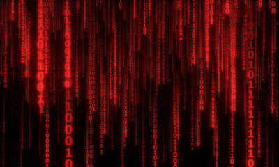 Fototapety  cyberspace with digital falling lines, binary hanging chain, abstract background with red digital lines