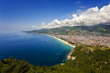 Fototapeta na wymiar Turkey. Alanya. Aerial view from the Citadel of Alanya on west part of modern city with a famoust Cleopatra Beach