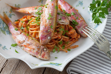 Red Mullet Fish On Spaghetti