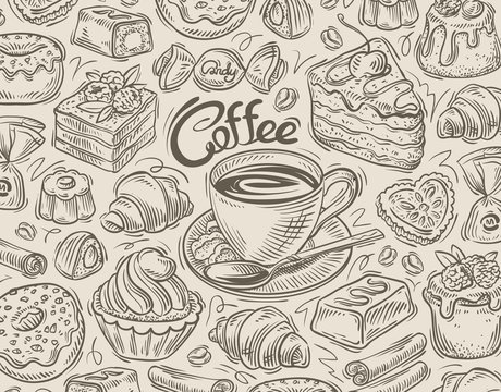 Vector Hand Drawn Dessert, Coffee Sketch And Food Doodle