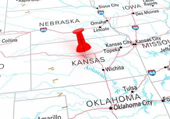 Red Thumbtack Over Kansas State USA Map