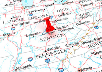 Red Thumbtack Over Kentucky State USA Map