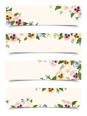 Set of four vector web banners with colorful pansy flowers.