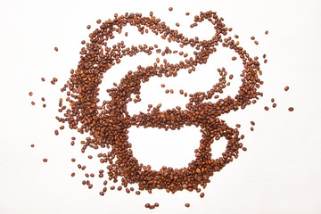 cup of coffee, coffee beans arranged like a cup of coffee on white background