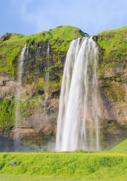 Fototapeta silver waterfall in sun shining day with green grass and blue sky in Iceland
