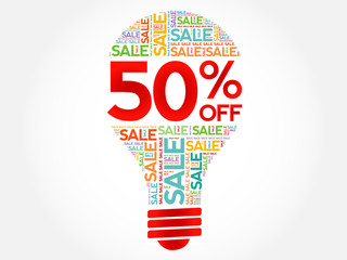 50% OFF SALE bulb word cloud, business concept background