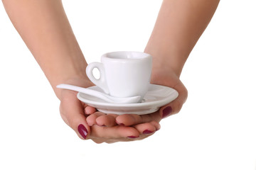 hold white cup in hand. Photo on a white background