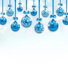 Fototapeta na wymiar Christmas Blue Glassy Balls with Bow Ribbon