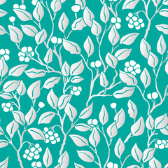 Fototapeta na wymiar Vector Seamless Floral Pattern. Art Deco vintage pattern with silver leaves on blue green. Hand Drawn Floral Texture, Decorative Flowers, Coloring Book
