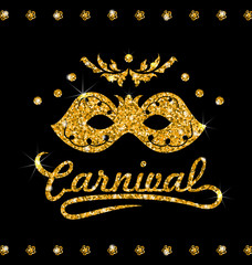 Shimmering Carnival Mask with Golden Dust on Dark Background