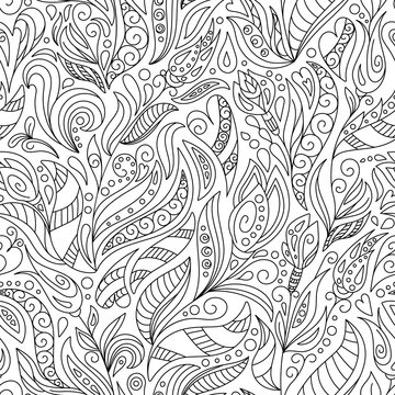 Seamless pattern for coloring book.  Ethnic, floral, retro, doodle, vector, tribal design element. Black and white  background.