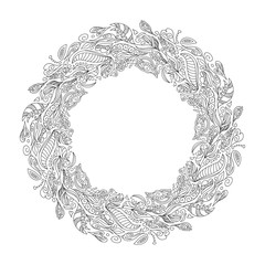 Bridal wreath of forest poppies flowers wild berries, wreath for bride. Vector Hand drawn artwork. Love concept for wedding invitations, cards tickets branding logo label. Coloring book page for adult