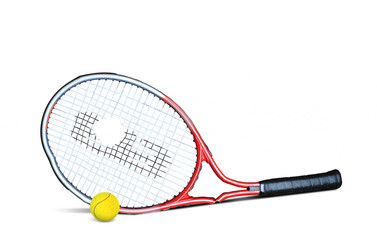 Tennis racket with a white towel and balls