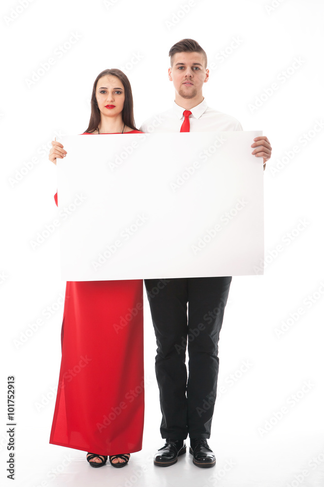 Wall mural man and woman holding white poster