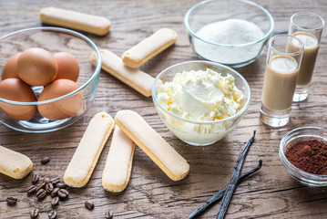 Ingredients for tiramisu on the wooden background