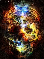 Ancient Mayan Calendar and skull in cosmic space with stars, abstract color Background.