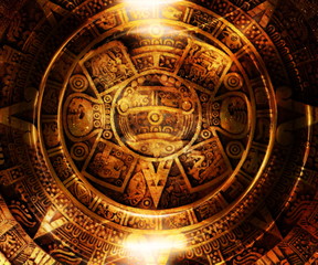 Ancient Mayan Calendar, Cosmic space and stars, abstract color Background, computer collage.