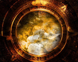 Naklejka premium Ancient Mayan Calendar, Cosmic space and stars, abstract color Background, computer collage.