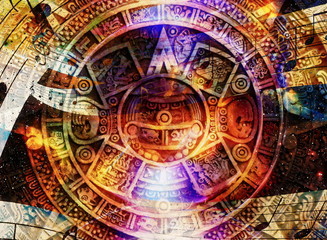 Ancient Mayan Calendar and  Music note, Cosmic space with stars, abstract color Background, computer collage.