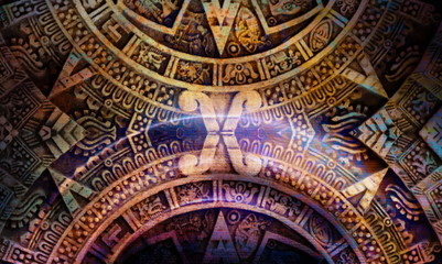 Fototapeta na wymiar Ancient Mayan Calendar, abstract color Background, computer collage. 