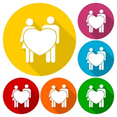 Couple holding hands with hearts icons with long shadow