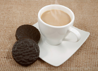 coffee and milk and chocolate biscuits