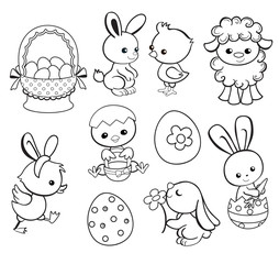 Happy Easter holiday illustration with cute chicken, bunny, duck, lamb cartoon characters.Coloring page. Vector illustration.