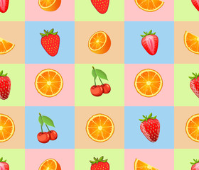 Seamless pattern "Mixed fruits". Strawberries, orange, cherry. Can be used on different package paper, wrapping paper, as background, phones covers and etc. Vector.