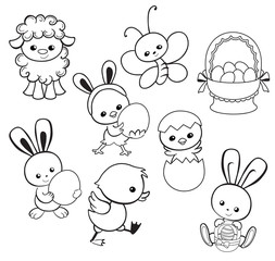 Happy Easter holiday illustration with cute chicken, bunny, duck, lamb cartoon characters.Coloring page. Vector illustration.