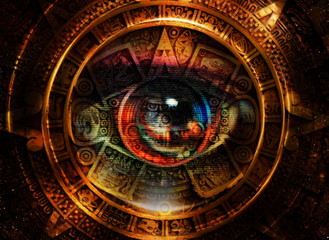 Fototapeta na wymiar Ancient Mayan Calendar and woman eye, abstract color Background, computer collage. Eye in circle light.