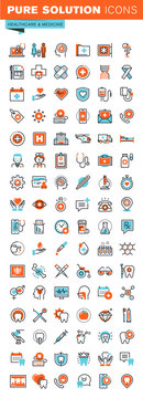 Thin line web icons for medical services and support, dental care, medicines and equipment, for websites and mobile websites and apps.