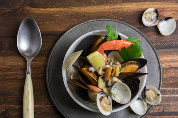 Seafood in bowl. From above