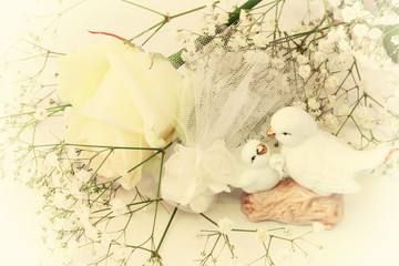 Love background in retro style figurines kissing doves rose heart vintage  Valentine's Day wedding...