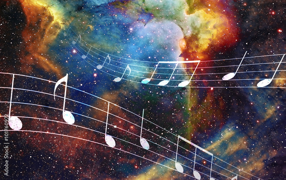 Poster music note and space and stars with abstrtact color background.