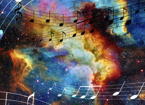 music note and Space and stars with abstrtact color background.