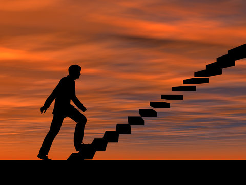Conceptual business man climbing a stair at sunset