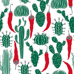 Seamless Mexican pattern with cactus and hot peppers. Vector  illustration.