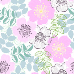 Fototapeta premium Seamless vector pattern with a dogrose. Hand-drawn abstract floral background.