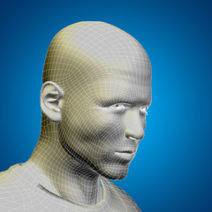 Conceptual 3D wireframe human male or man face or head