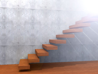 Concept or conceptual brown wood or wooden stair or steps near a wall